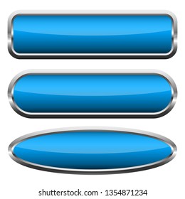 Set of blank blue glossy buttons. Vector illustration. Collection of buttons with chrome frames