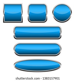 Set of blank blue glossy buttons. Vector illustration. Collection of buttons with chrome frames