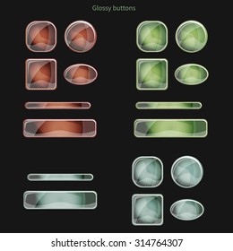 Set of blank blue, green and red glossy buttons for website, app or game. Vector eps10 design elements. Square and round forms
