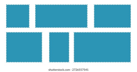 Conjunto de Formas de sello postal azul en blanco con bordes perforados y bordes serrados