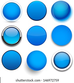 Conjunto de botones redondos azules en blanco para el sitio web o la aplicación. Vector eps10.