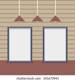 Set Blank Boards With Ceiling Lamps On Wooden Wall