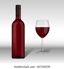 Set of blank Bottle with red wine and glass, vector drawing isolated. 