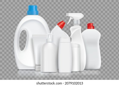 Ponga botellas en blanco con detergente, jabón, lavado en polvo. Plantilla aislada en un fondo transparente. Ilustración vectorial.