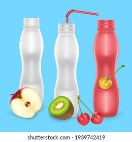 Set of Blank Bottles for Milk or drinking yogurt with different fruit flavors