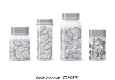 Set of blank bottles with pills isolated on a white background. Realistic medical products packaging with tablets and capsules. Plastic tubes for pharmacy drugs. Vector illustration.