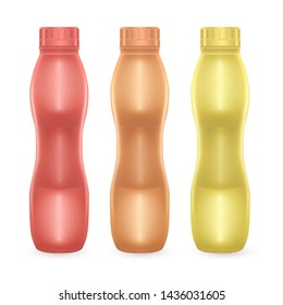 Set of Blank Bottles of red, orange and yellow colors for Milk or Yogurt, Bottle with drinking yogurt, Vector EPS 10 illustration