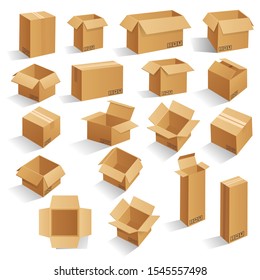 Set Of Blank Brown Cardboard Packaging Boxes. Can Be Use For Medicine, Food, Cosmetic And Other. Realistic Illustration