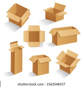 Set of blank brown cardboard packaging boxes. Can be use for medicine, food, cosmetic and other. Realistic illustration