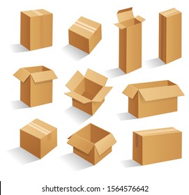 Set of blank brown cardboard packaging boxes. Can be use for medicine, food, cosmetic and other. Realistic illustration