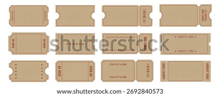 A set of blank, brown kraft paper vintage-style tickets with red outlines and perforations
