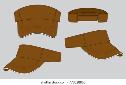 Set Blank Brown Sun Visor Cap With White Sandwich and Adjustable Hook-Loop Strap Vector.