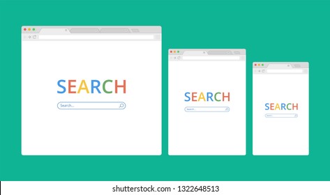 Set of blank browser windows for different devices. Computer, tablet, phone. Vector illustration.