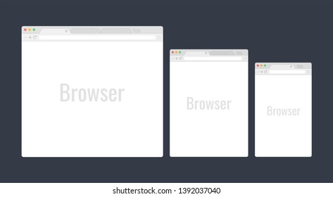 Set of blank browser windows for different devices. Computer, tablet, phone. Vector illustration.