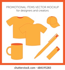 Set of blank business corporate identity templates for presentation or logos. Orange vector t-shirt, cap, mug, pen, lighter