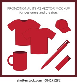 Set of blank business corporate identity templates for presentation or logos. Red vector t-shirt, cap, mug, pen, lighter