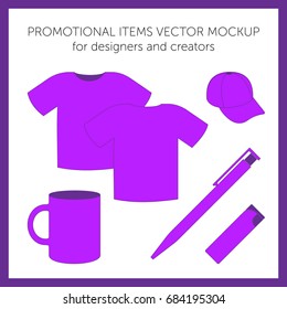 Set of blank business corporate identity templates for presentation or logos. Purple vector t-shirt, cap, mug, pen, lighter