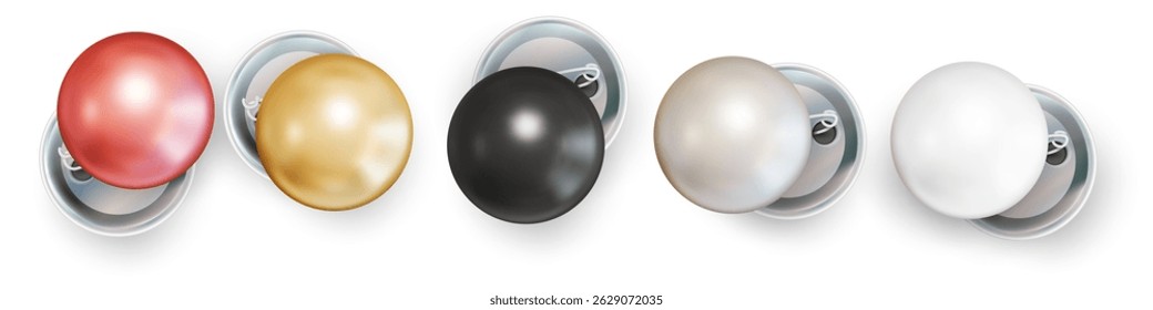 Set of blank button badge stack mockup, 3d realistic vector. Red, black, gold, white empty clear pin emblem mock up. Round volunteer label. Vote sign design template. Vector illustration.