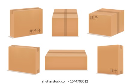 Set of blank cardboard packaging boxes. Set realistic Brown box. Vector illustration