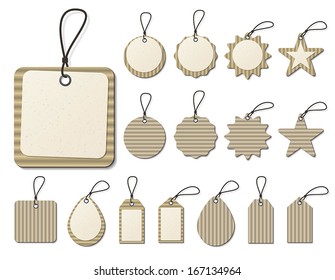 set of blank cardboard tags and labels with strings. vector.