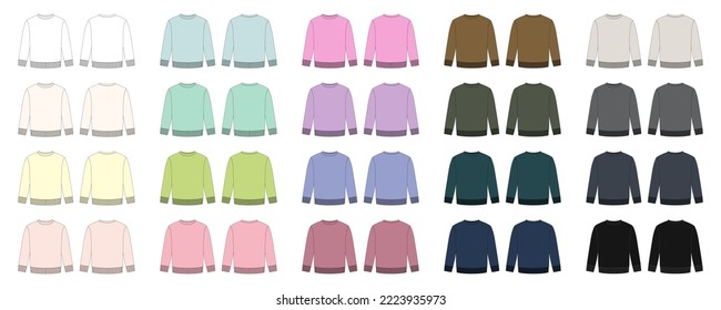 Set of blank childrens sweatshirt technical sketch. Diffirent colors. Kids wear jumper design template collection. Front and back view. CAD fashion design for packaging, catalog. Vector illustration