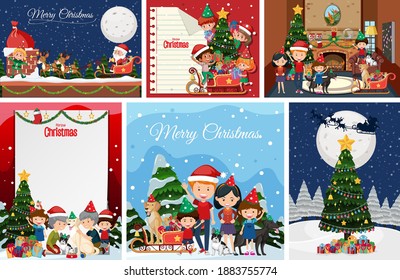 Conjunto de postales navideñas o afiche aislado en blanco
