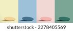 Set of blank circle pedestal view tilted stylish for display on Soft yellow, blue, pink, and green background. Minimal style. Vector illustration.