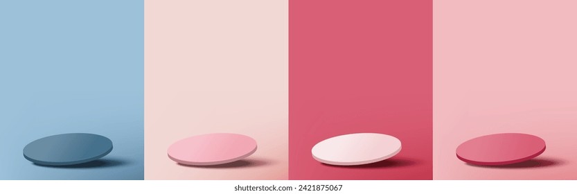 Set of blank circle pedestal view tilted stylish for display on blue, peach, and pink  background. Minimal style. Vector illustration.