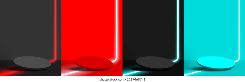 Conjunto de vista de pedestal de círculo en blanco inclinado con estilo para la exhibición del producto, con luz de neón brillante sobre fondo gris, rojo, negro y verde. Estilo minimalista. Ilustración vectorial.