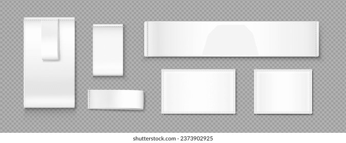 Set of blank cloth tags isolated on transparent background. Vector realistic illustration of rectangular white fabric label mockups with stitches, piece of cotton for size, material, wash information