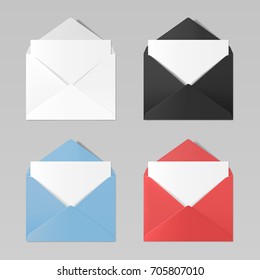 Set of blank color realistic envelopes mockup: white, black, blue, red