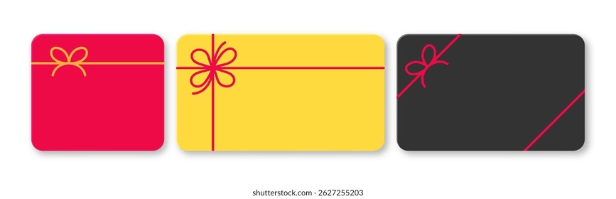 Set of blank colored gift cards with decorative bows, ideal for sales events, bonus offers, or certificates. Includes black, red, and yellow cards viewed from the top on a white background.