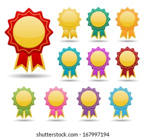 set of blank colorful badges with gold stripe ribbons. vector.