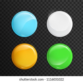 Set of blank, colorful glossy badges or web buttons. Four bright colors, yellow, orange, blue and purple. Vector.
