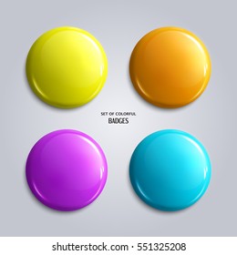 Set of blank, colorful glossy badges or web buttons. Four bright colors, yellow, orange, blue and purple. Vector.