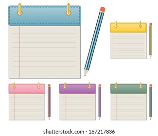 set of blank colorful leather notepads and pencils. vector.