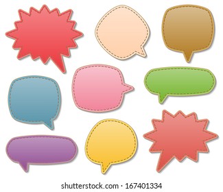 set of blank colorful leather speech bubbles with stitch. vector.