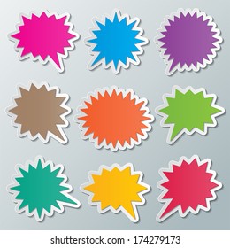 set of blank colorful paper starburst speech bubbles. vector.