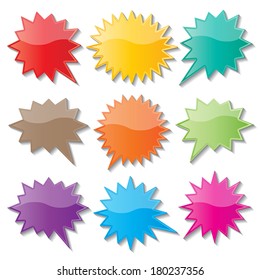 set of blank colorful paper starburst speech bubbles. vector.