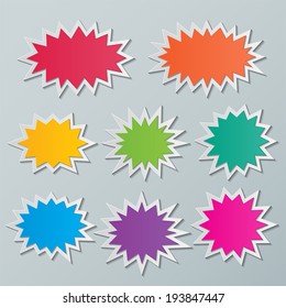Set Of Blank Colorful Paper Starburst Speech Bubbles. Vector.