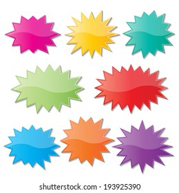 set of blank colorful paper starburst speech bubbles. vector.