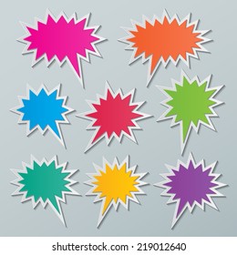 Set Of Blank Colorful Paper Starburst Speech Bubbles. Vector