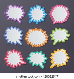 set of blank colorful paper starburst speech bubbles.