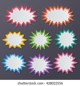 Set Of Blank Colorful Paper Starburst Speech Bubbles.