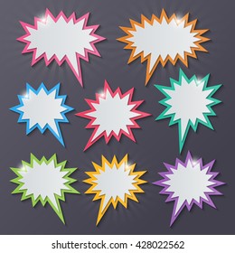 set of blank colorful paper starburst speech bubbles.