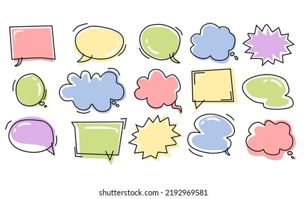 conjunto de burbujas de voz en blanco y colorido en diseño plano, pegatina para símbolo de chat, etiqueta, etiqueta o diálogo de la ilustración del vector de palabras