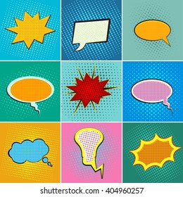 Set of blank colorful speech bubbles on a dots pattern backgrounds in pop-art style, vector