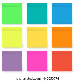Set of blank and colorful sticky notes isolated on white background with transparency shadows. Vector illustration.