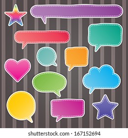 set of blank colorful stitch speech bubbles on stripes background. vector.