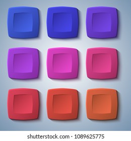 Set of blank colors buttons for website or app. Vector eps10, matte plastic texture with glow effect design and squares shape elements, backdrop banner concave dent.